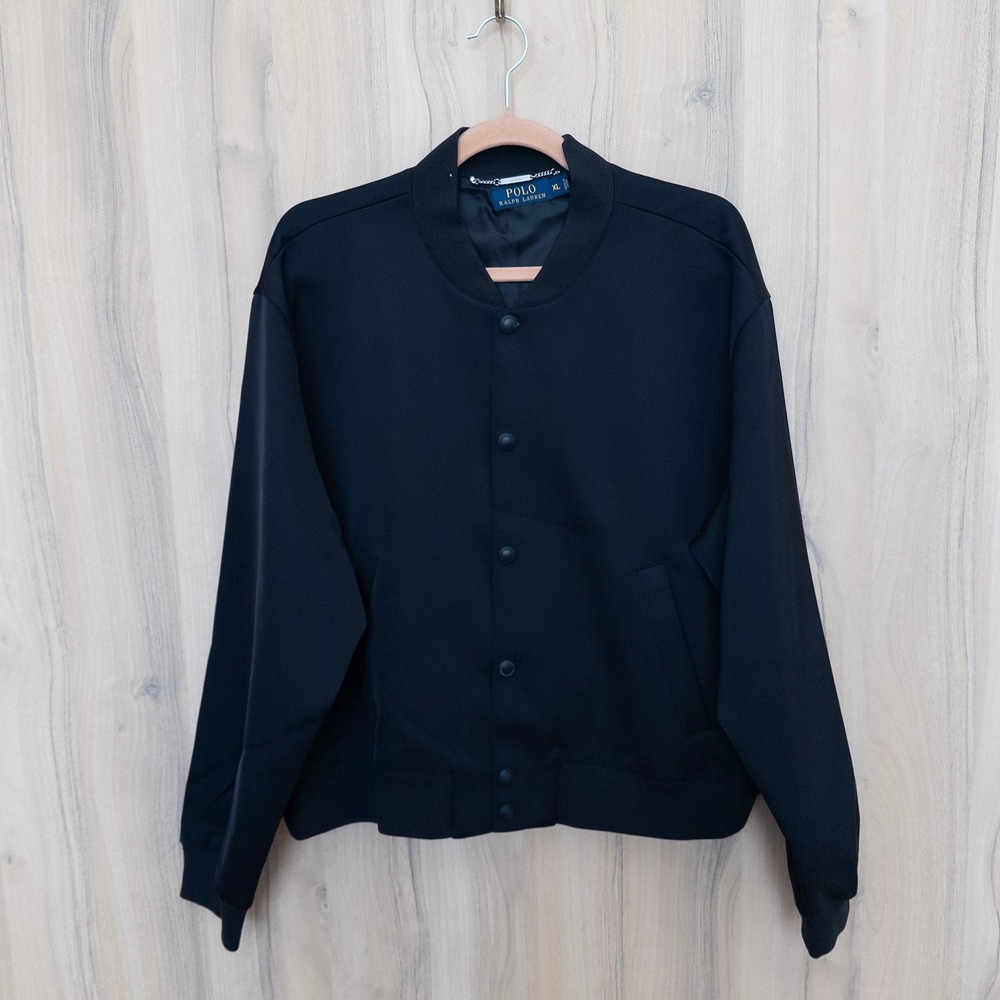 Ralph Lauren Mens Bomber Jacket Size XL Black Snap Front Ribbed Trim Streetwear